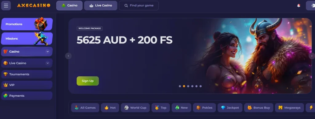 Axe Casino Australia review hero, logo with welcome bonus and tournaments branding