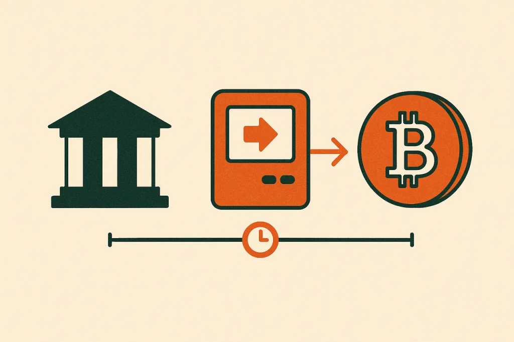 Fiat-to-crypto onramp for Australian players. Australian bank routing through an exchange terminal to a crypto coin.