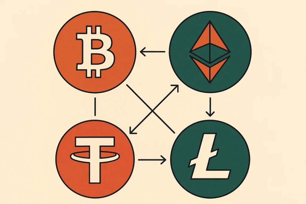 Cryptocurrencies used at Australian-facing casinos. Grid of Bitcoin, Ethereum, Tether and Litecoin coin discs.