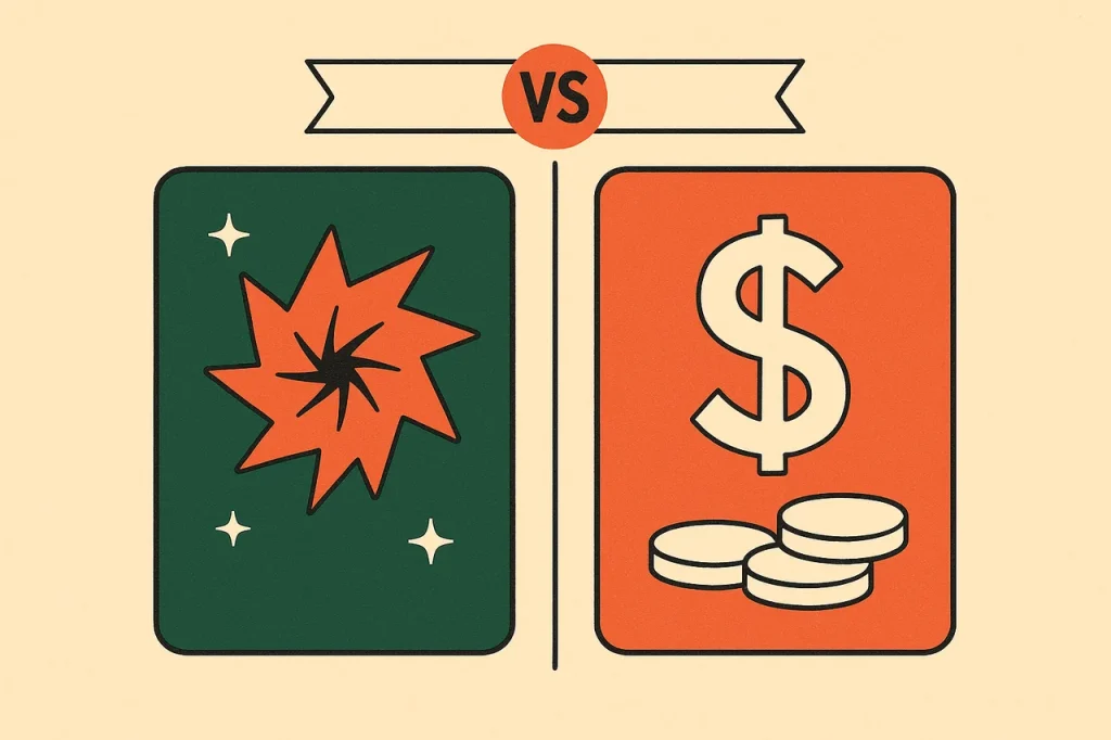 Free spins versus cash no deposit bonus casino comparison shown as two side-by-side playing cards