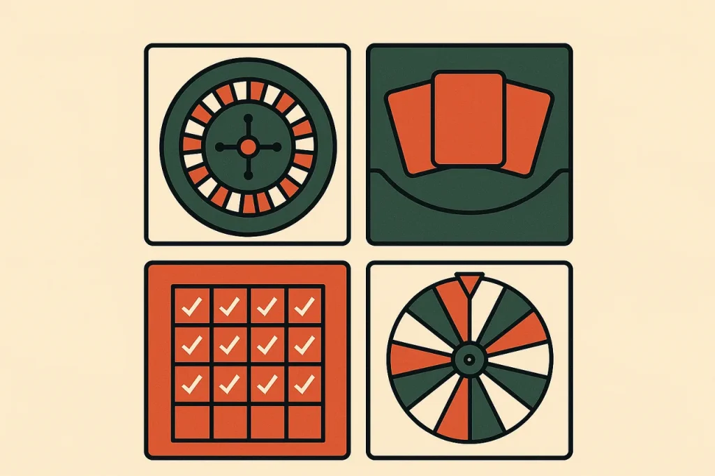 Four live dealer table categories. Roulette wheel, blackjack cards, baccarat scorecard and game-show wheel arranged in a grid.