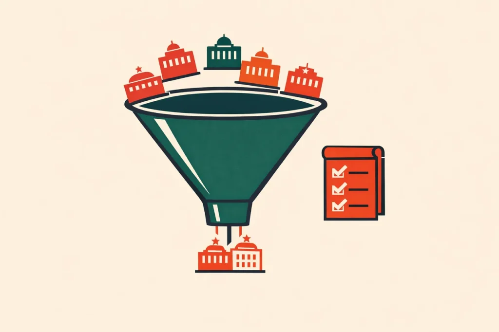 Six-check filter funnel for new online casinos with candidate operators dropping in and vetted survivors exiting