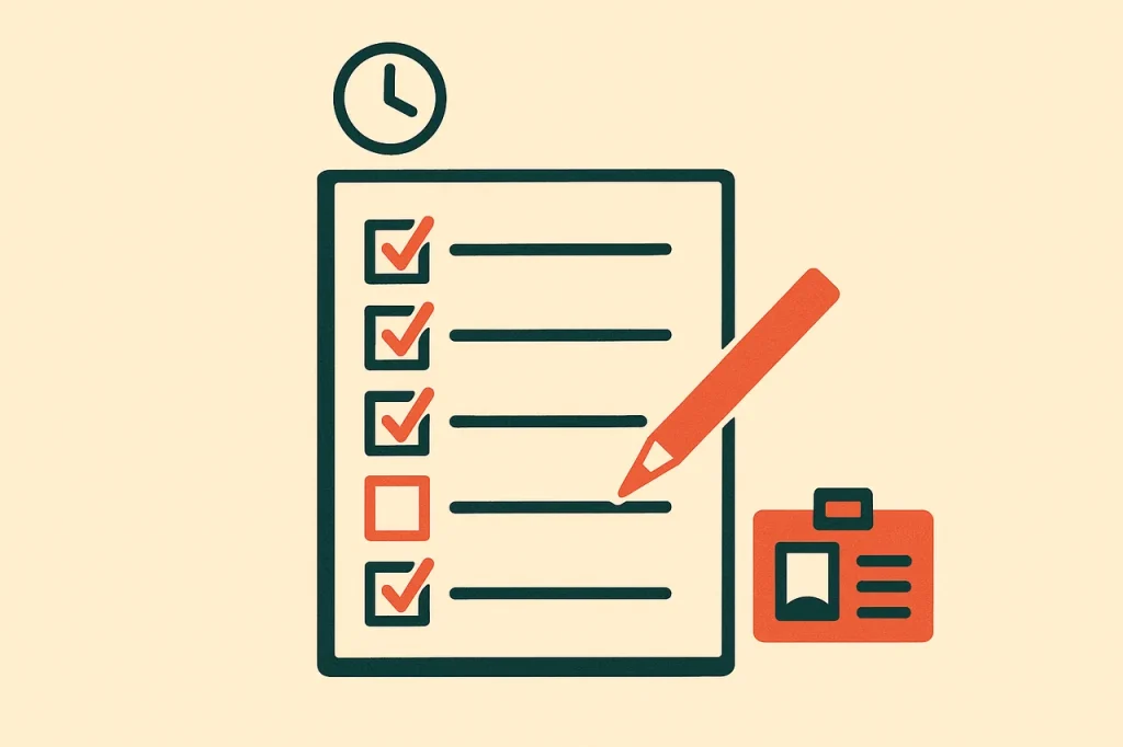 First-deposit playbook for a new pokies casino. Checklist notepad with four ticked boxes and an identity card icon.